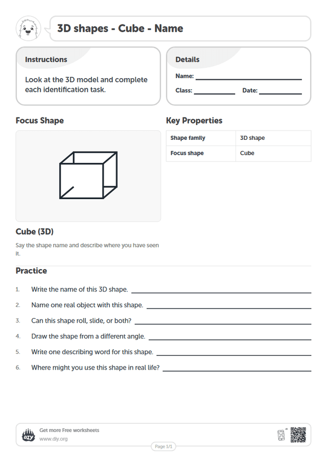 3D shapes - Cube - Name page 1