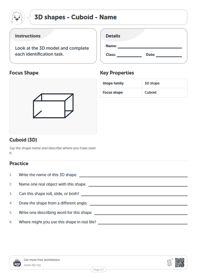 3D shapes - Cuboid - Name page 1