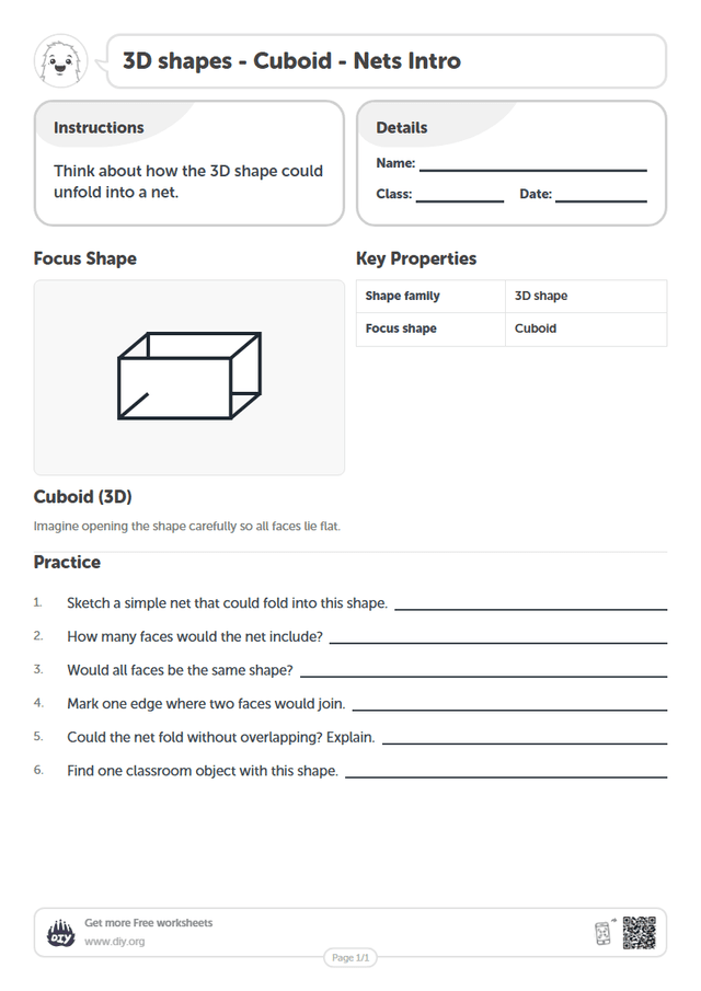 3D shapes - Cuboid - Nets Intro page 1