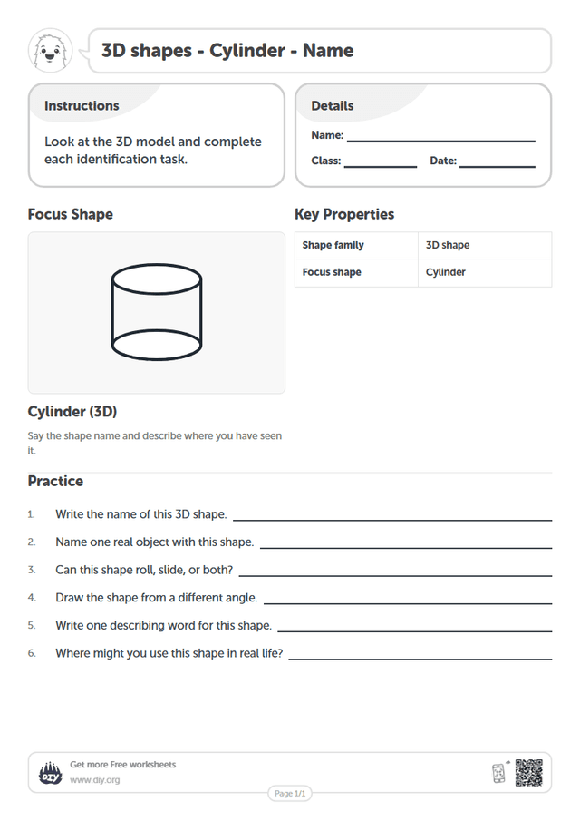 3D shapes - Cylinder - Name page 1