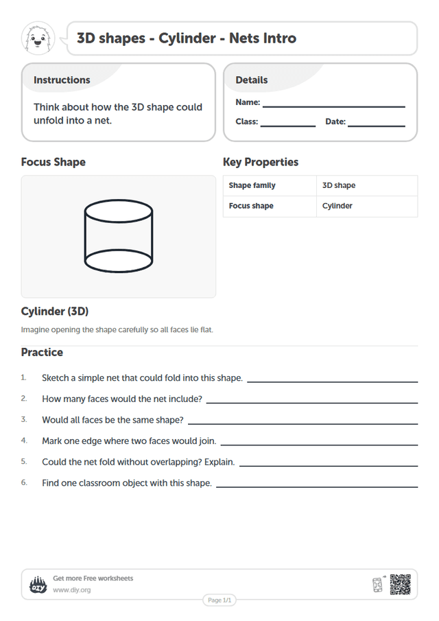 3D shapes - Cylinder - Nets Intro page 1