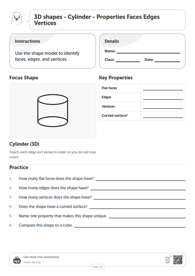 3D shapes - Cylinder - Properties Faces Edges Vertices page 1