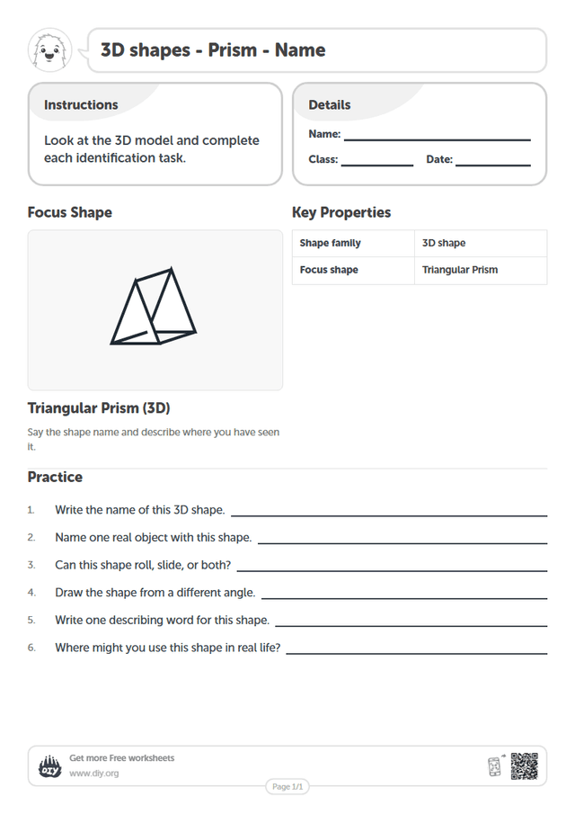 3D shapes - Prism - Name page 1