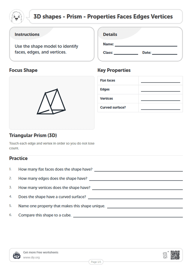 3D shapes - Prism - Properties Faces Edges Vertices page 1