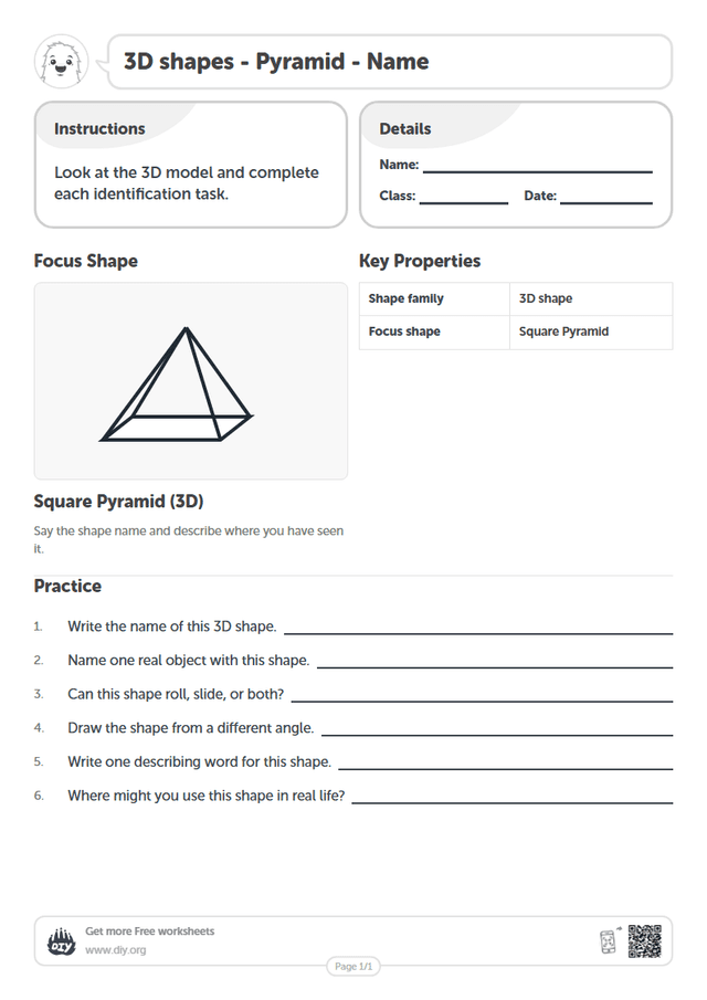 3D shapes - Pyramid - Name page 1