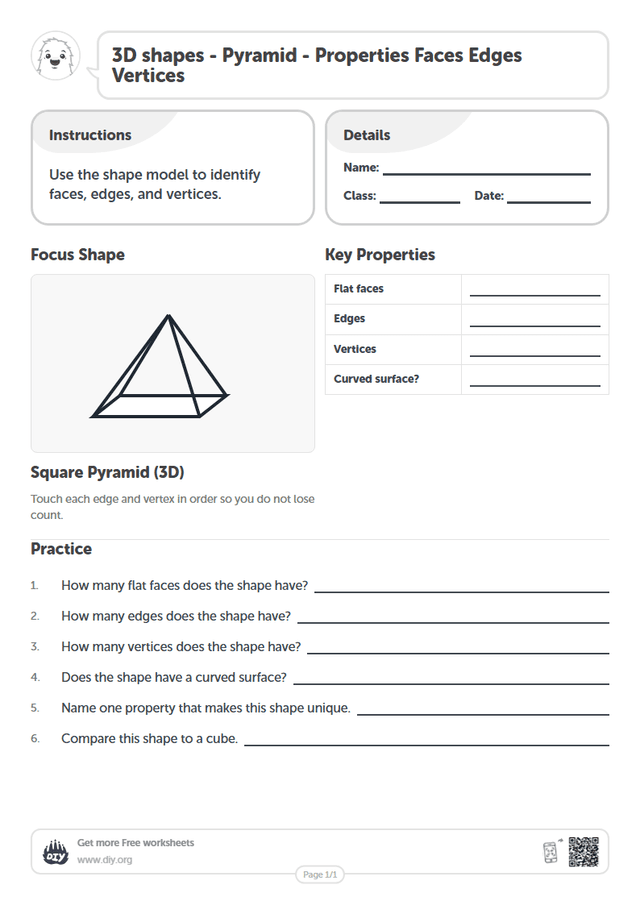 3D shapes - Pyramid - Properties Faces Edges Vertices page 1