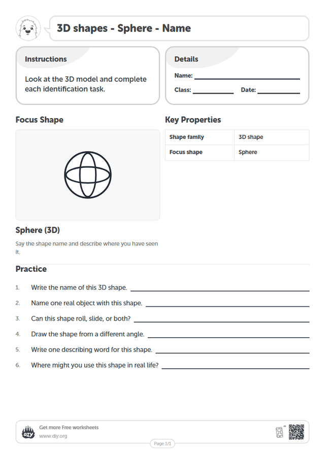 3D shapes - Sphere - Name page 1