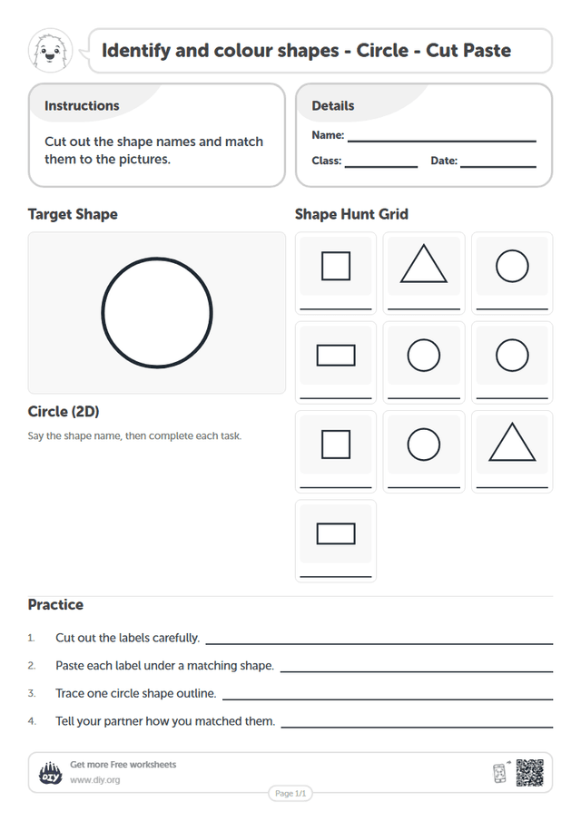 Identify and colour shapes - Circle - Cut Paste page 1