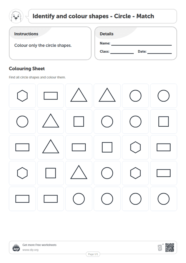 Identify and colour shapes - Circle - Match page 1
