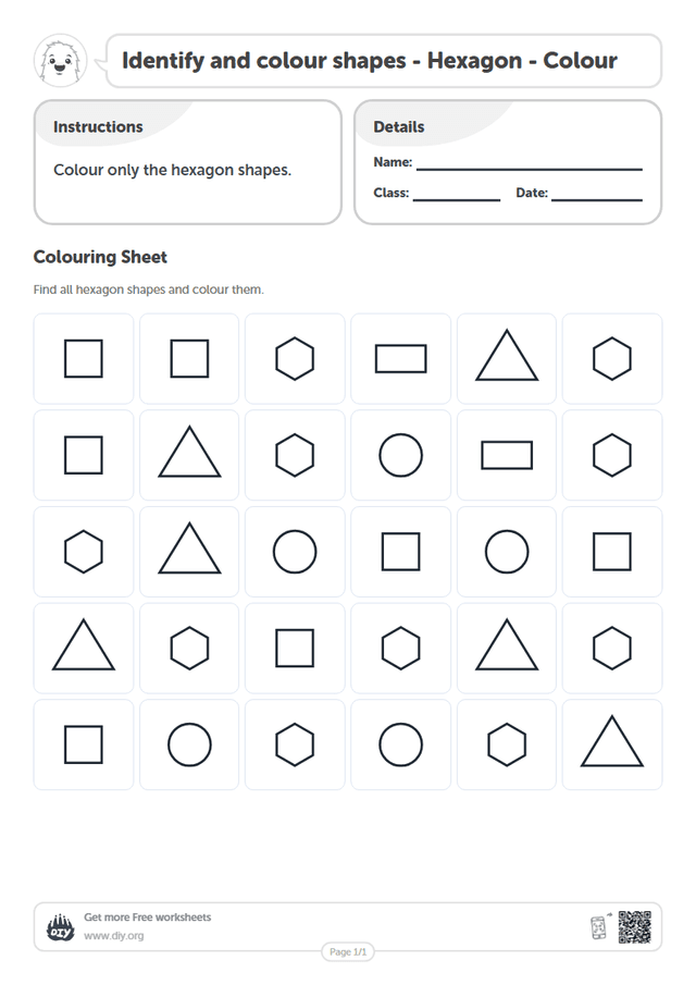 Identify and colour shapes - Hexagon - Colour page 1