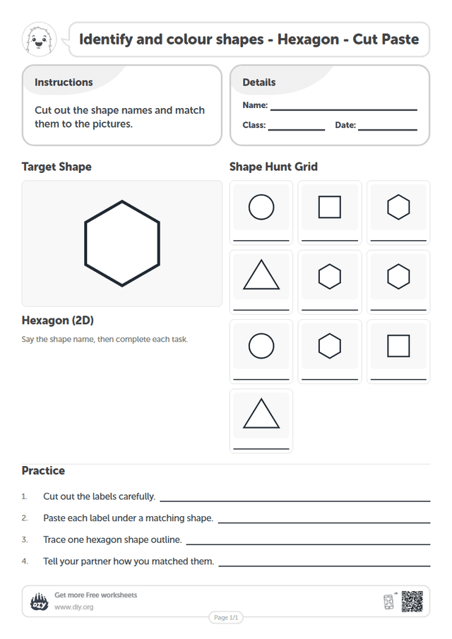 Identify and colour shapes - Hexagon - Cut Paste page 1
