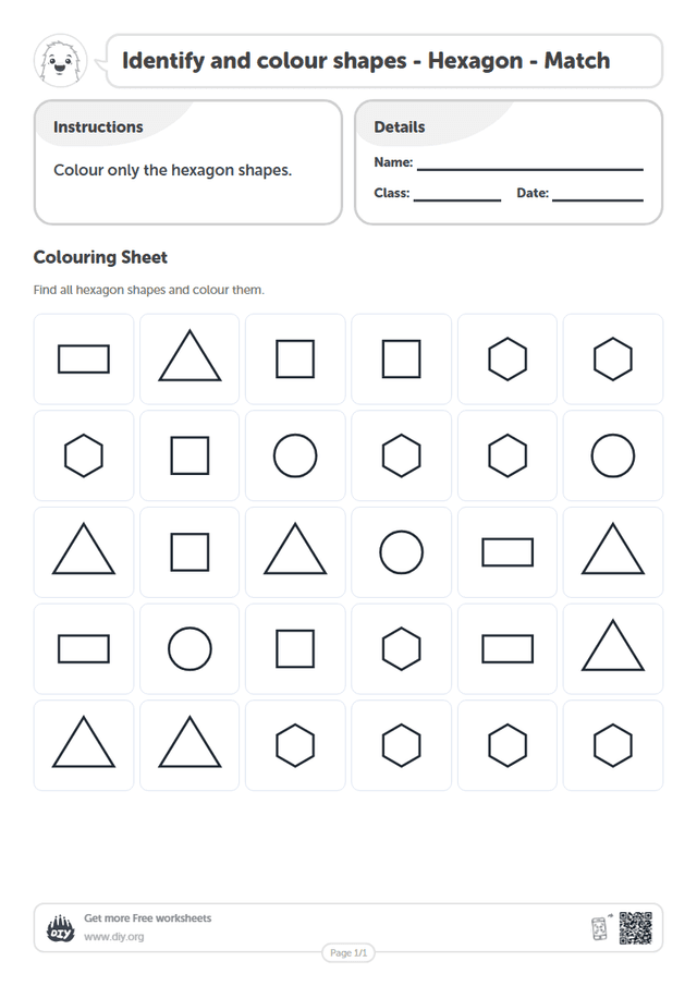 Identify and colour shapes - Hexagon - Match page 1
