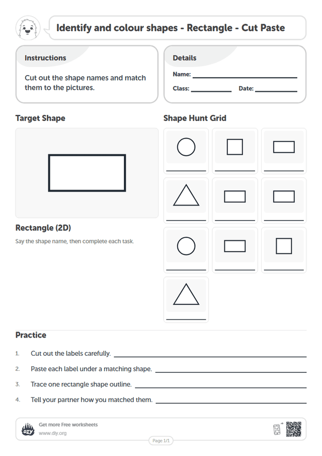 Identify and colour shapes - Rectangle - Cut Paste page 1