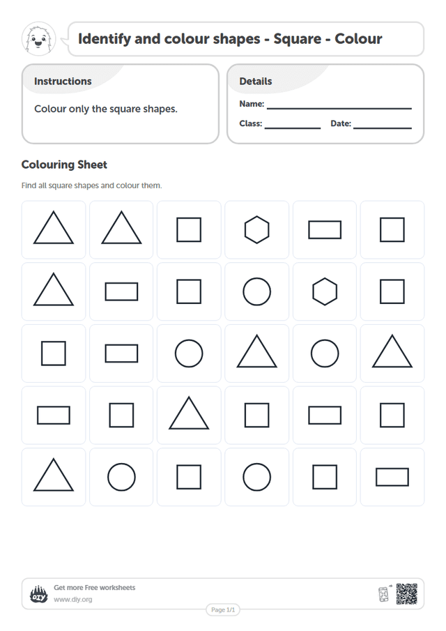 Identify and colour shapes - Square - Colour page 1