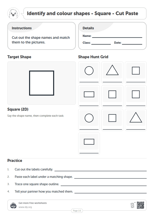 Identify and colour shapes - Square - Cut Paste page 1