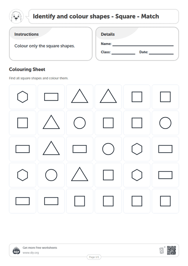 Identify and colour shapes - Square - Match page 1