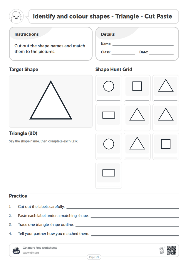 Identify and colour shapes - Triangle - Cut Paste page 1
