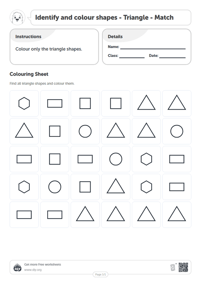 Identify and colour shapes - Triangle - Match page 1