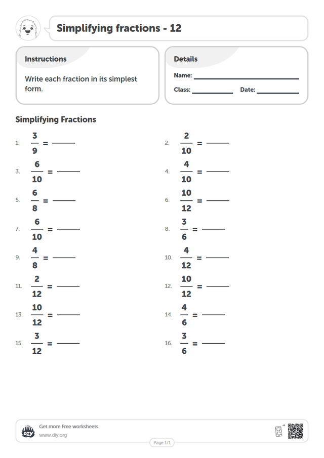 Simplifying fractions - 12 page 1
