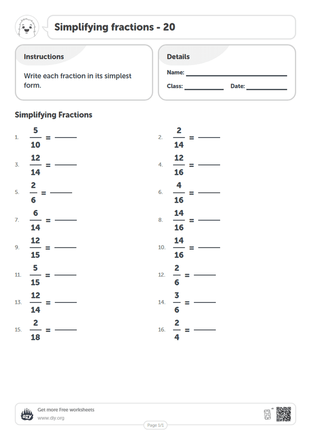 Simplifying fractions - 20 page 1