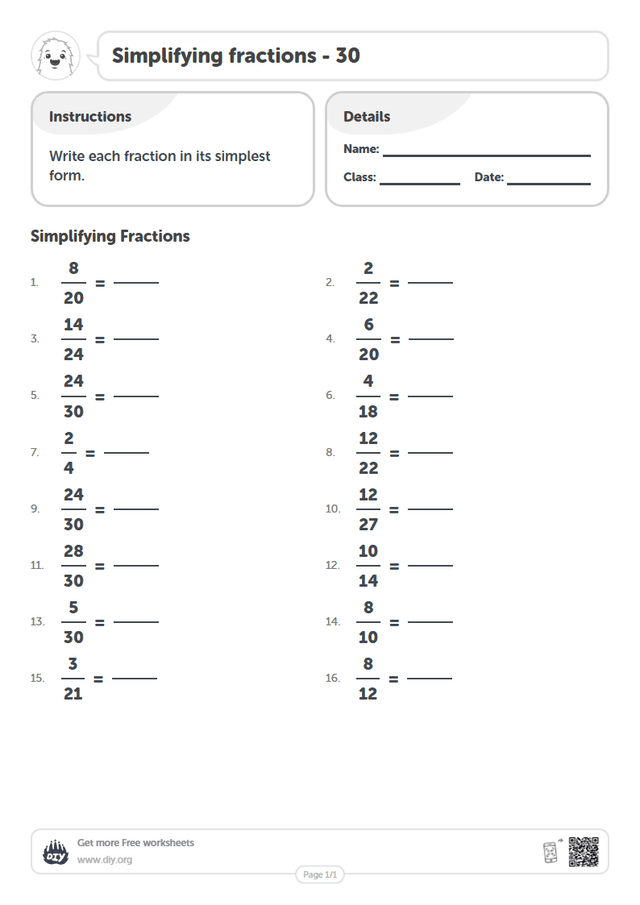 Simplifying fractions - 30 page 1