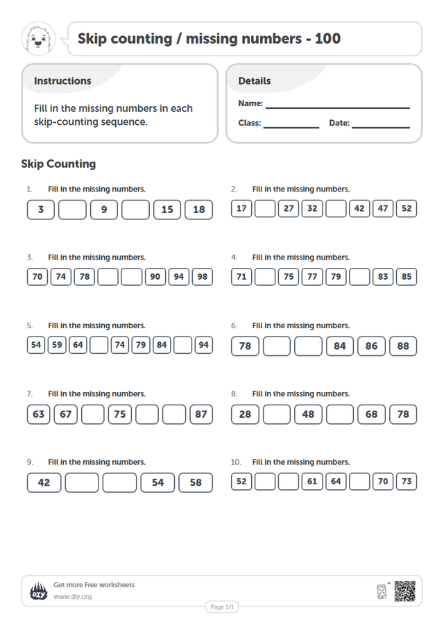 Skip counting / missing numbers - 100 page 1