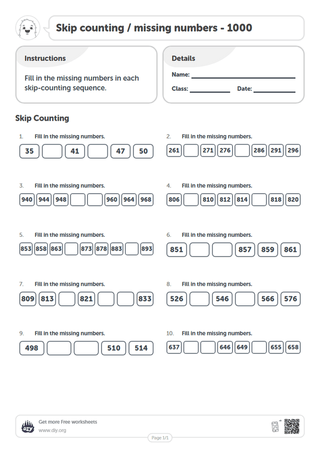 Skip counting / missing numbers - 1000 page 1