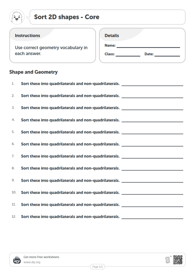 Sort 2D shapes page 1