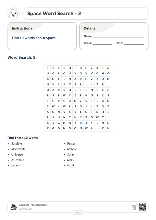 Space Word Search page 1