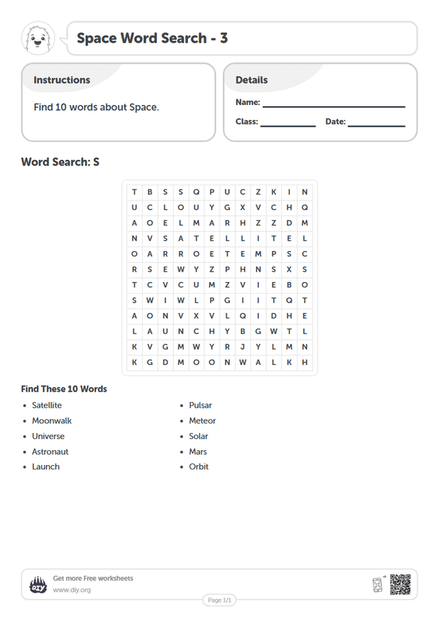 Space Word Search page 1