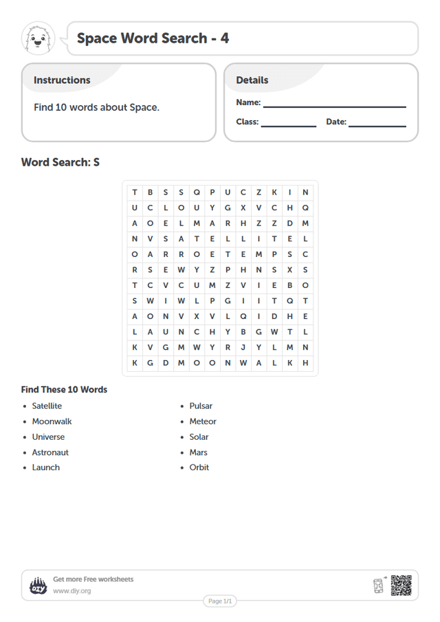 Space Word Search page 1