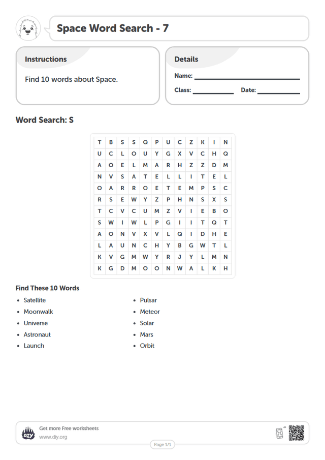 Space Word Search page 1