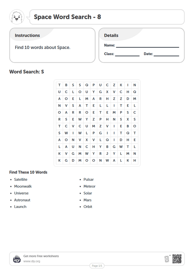 Space Word Search page 1