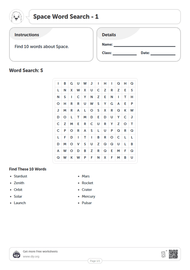Space Word Search page 1
