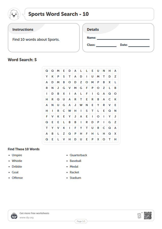 Sports Word Search page 1