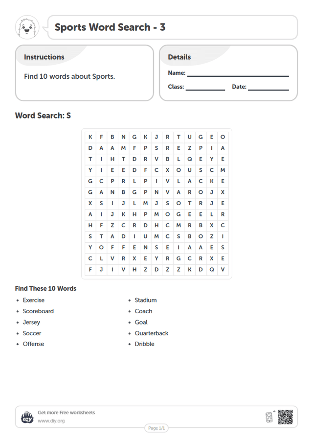 Sports Word Search page 1