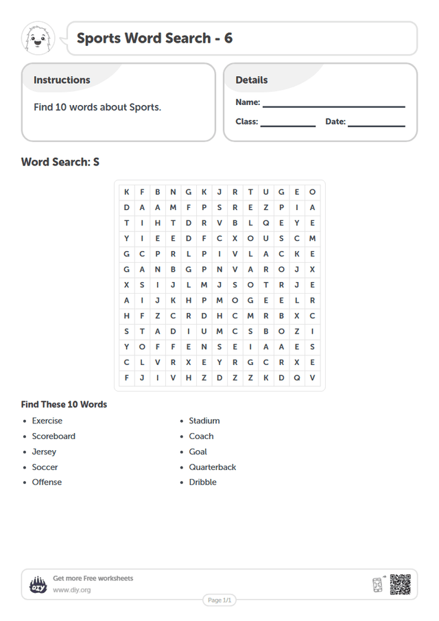Sports Word Search page 1
