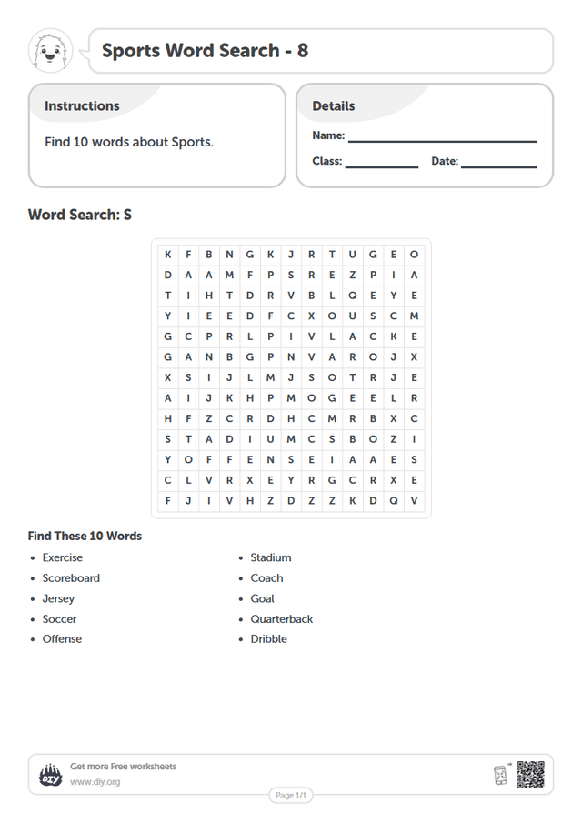 Sports Word Search page 1