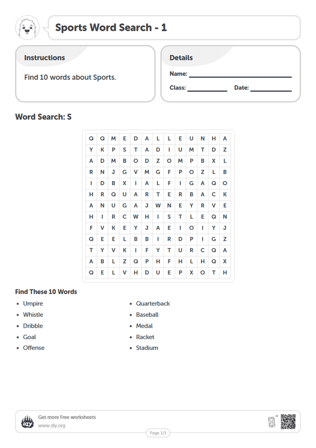 Sports Word Search page 1