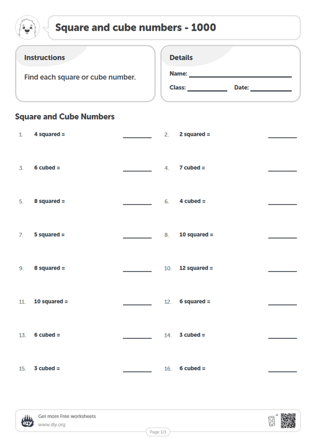 Square and cube numbers - 1000 page 1
