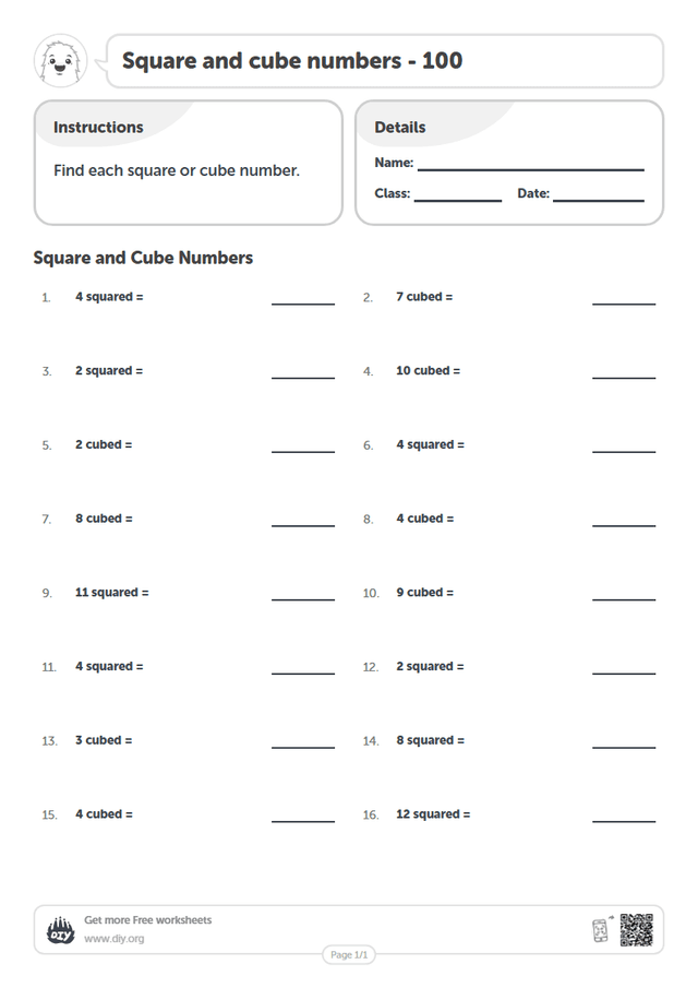 Square and cube numbers - 100 page 1