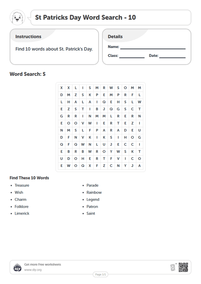 St Patricks Day Word Search page 1