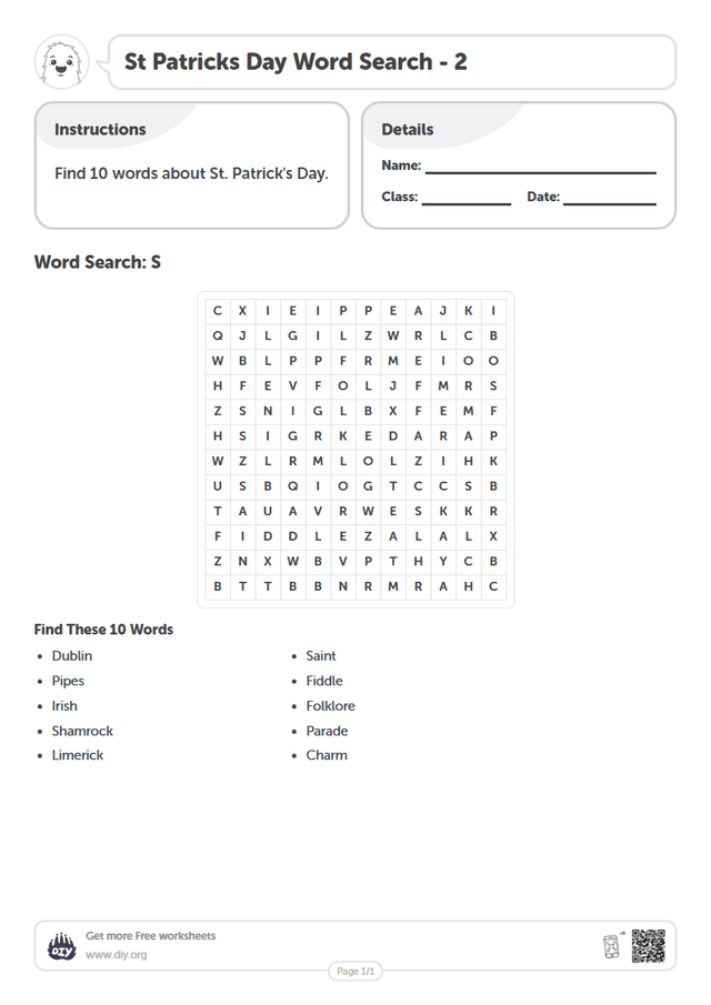 St Patricks Day Word Search page 1