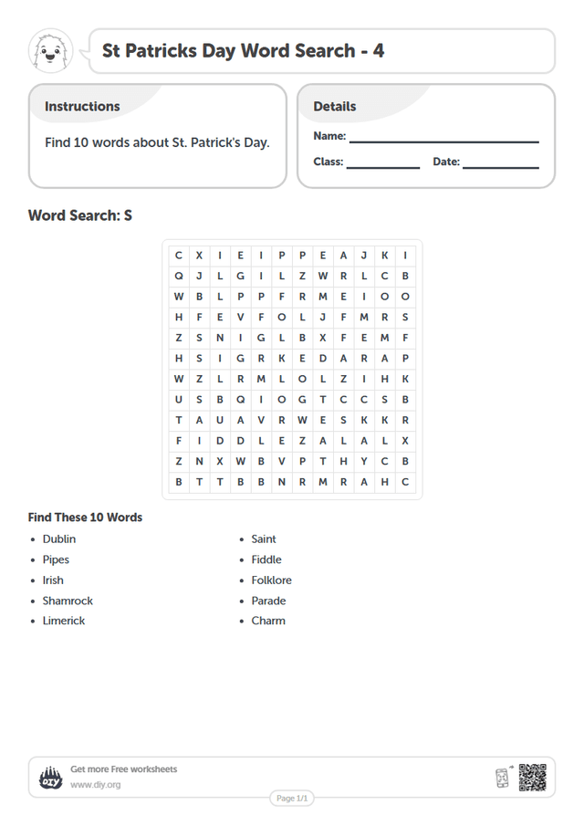 St Patricks Day Word Search page 1