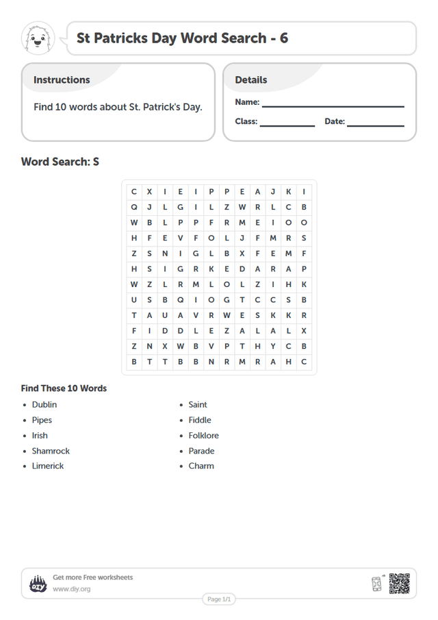 St Patricks Day Word Search page 1