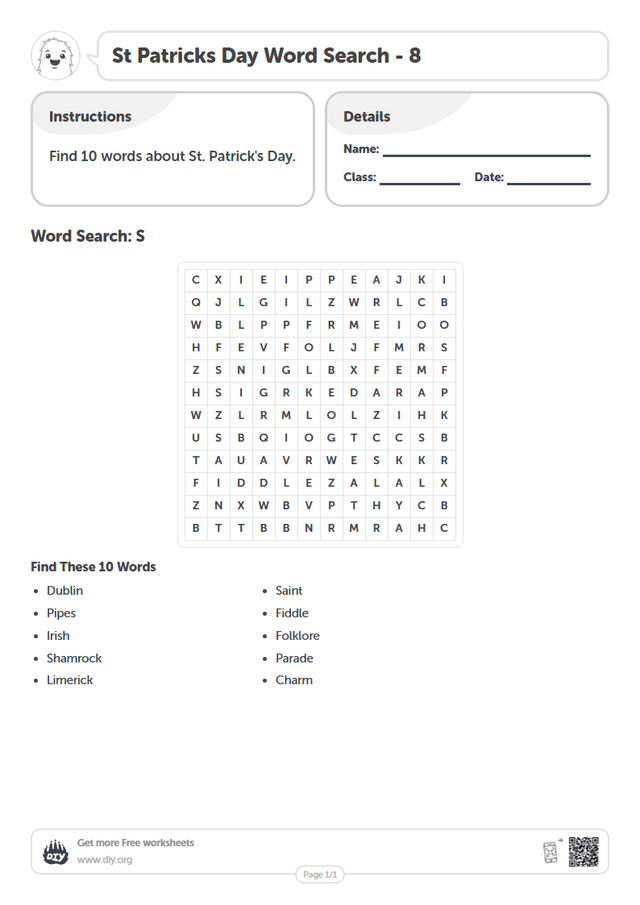 St Patricks Day Word Search page 1