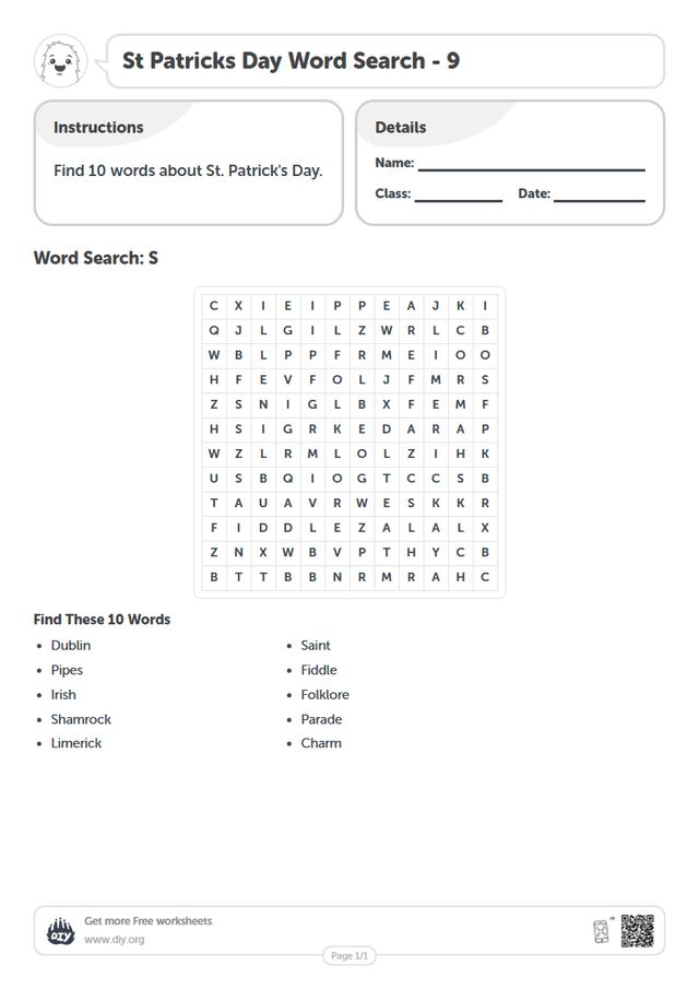 St Patricks Day Word Search page 1