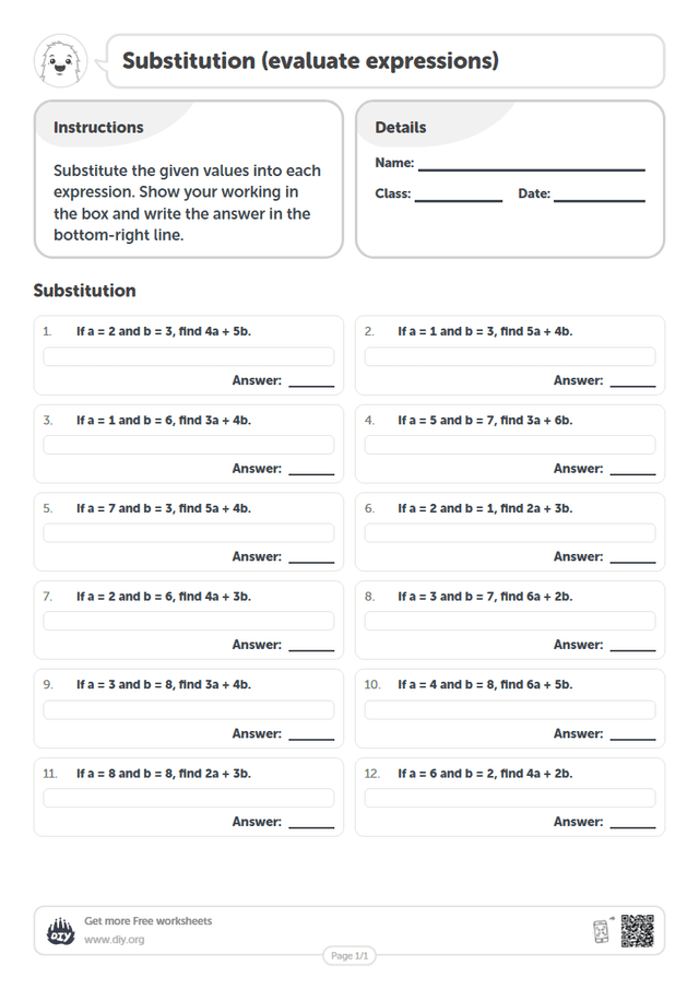 Free Substitution (evaluate expressions) Worksheets