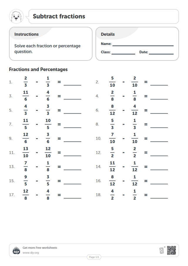 Subtract fractions page 1