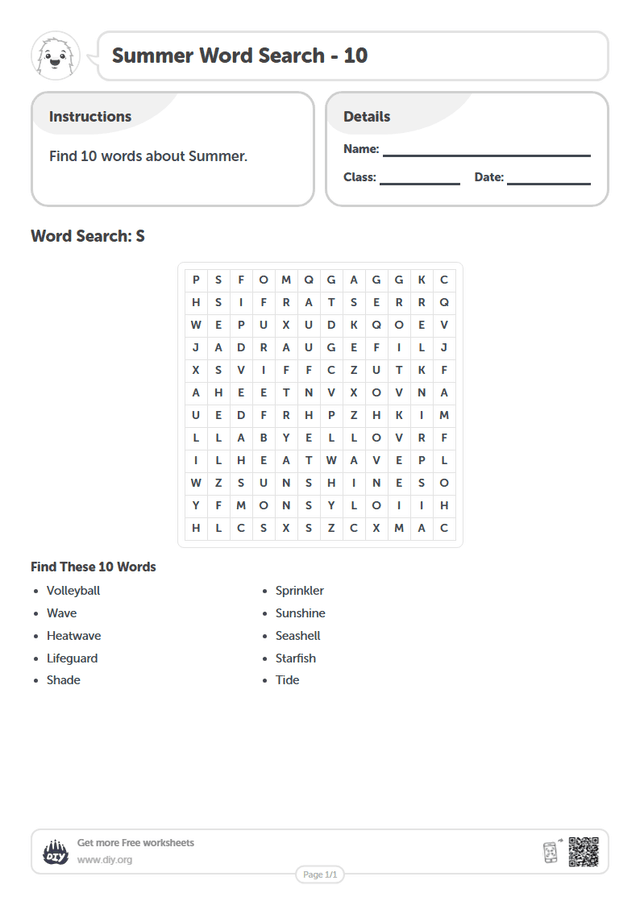 Summer Word Search page 1